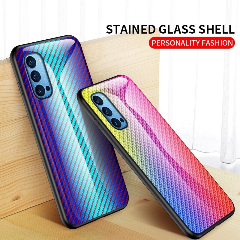 เคส OPPO Reno 4 4G #เคสฝาหลัง Gradient Color ลายคาร์บอนไฟเบอร์ Carbon fiber texture Glass Hybrid Soft Silicone Cover