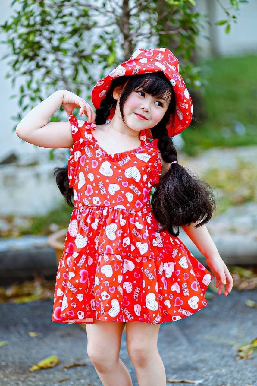 เดรสเด็กลายหัวใจ พร้อมหมวก
