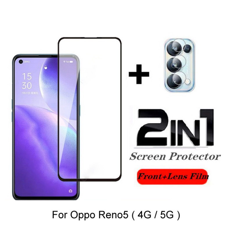 ฟิล์มกระจก OPPO Reno 5 5G แบบเต็มจอ + กระจกกันเลนส์กล้องหลัง 2 in 1 Full Coverage Tempered Glass