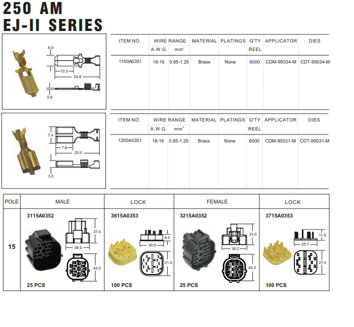 ปลั๊กต่อสายไฟในรถยนต์ 15 pin AUTOMOTIVE CONNECTORS,250 AM EJ-LL SERIES SEALED 1.25sqmm