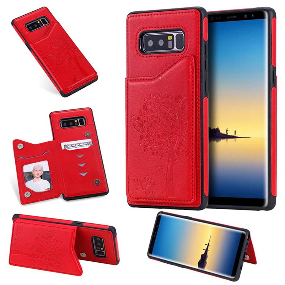 Case Samsung Galaxy S10 Plus #เคสฝาหลังไฮบริดผิวเคลือบหนัง PU พร้อมช่องเสียบการ์ดลายแมวและต้นไม้