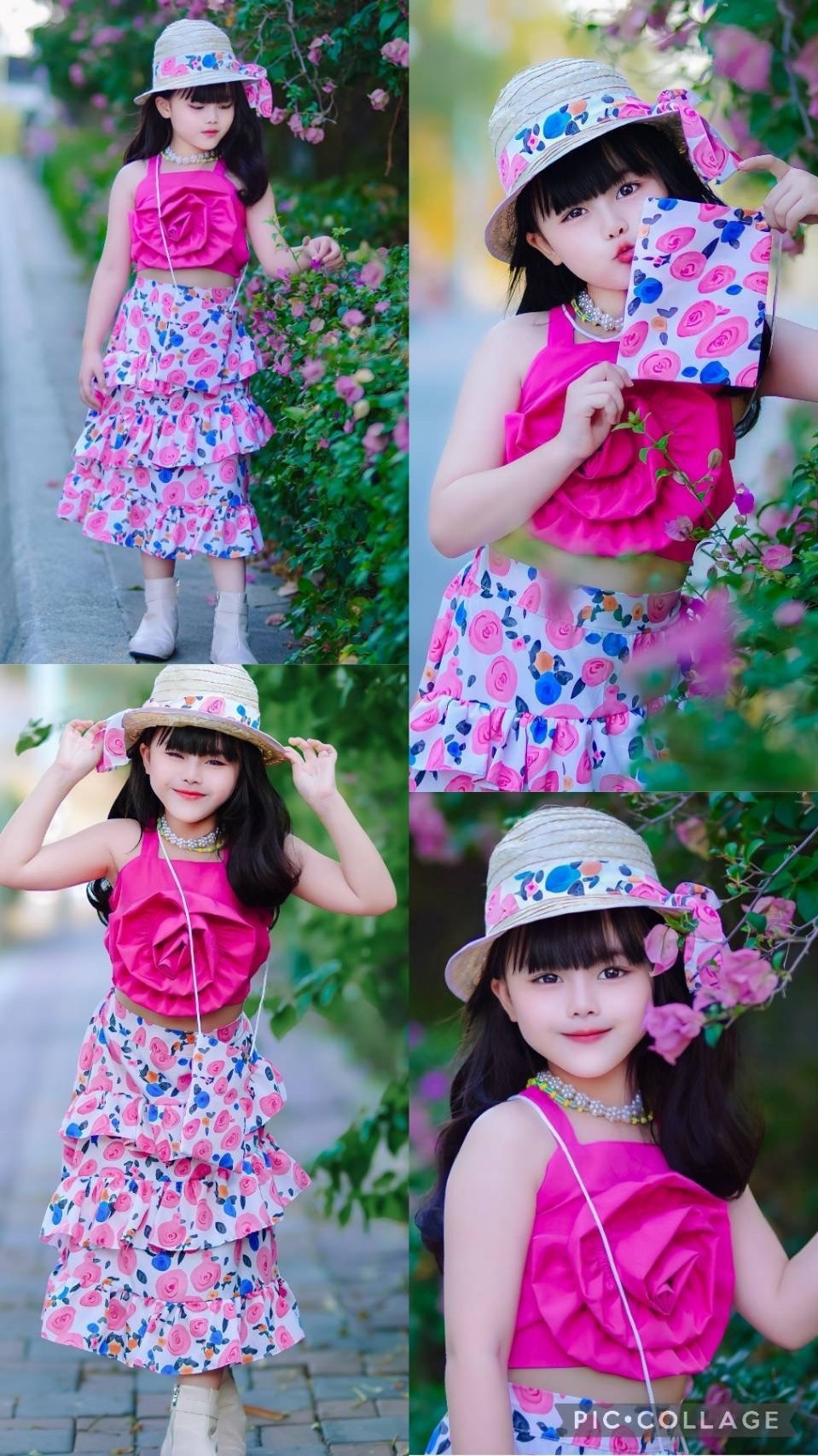 ชุดเด็กset4ชิ้น เสื้อ กระโปรง กระเป๋า หมวกสาน