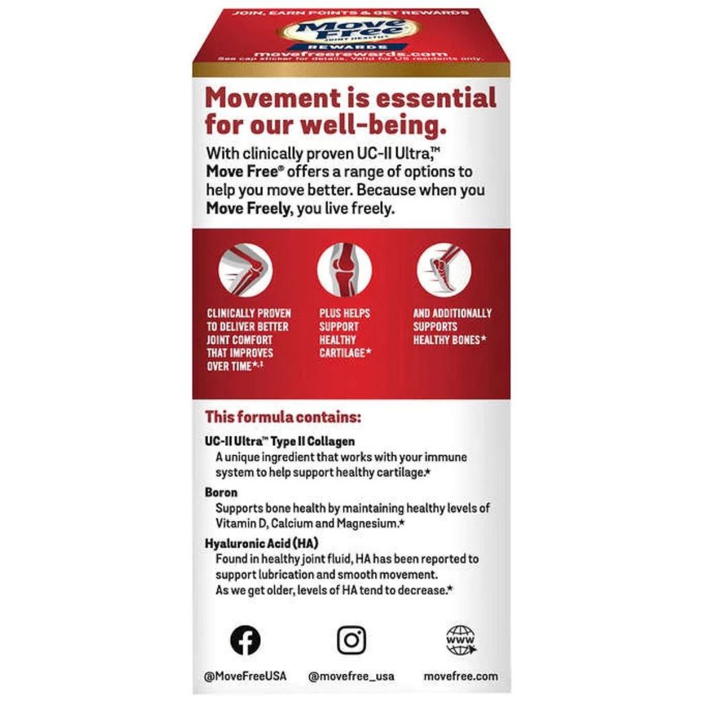 Schiff® Move Free Ultra Triple Action 75 Coated Tablets Type II Collagen & Boron + HA เม็ดเล็กแต่เข้มข้นของสาร 3 ชนิดที่บำรุงกระดูก ข้อต่อและเติมน้ำหล่อเลี้ยงให้กับใขข้อ ลดอาการปวดข้อ เข่า เสริมสร้างความแข็งแรงและความยืดหยุ่นให้กับข้อต่อต่างๆ