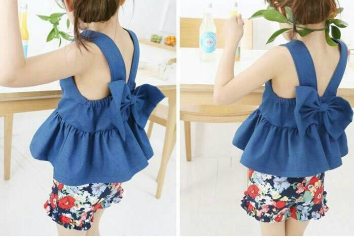 set เสื้อแต่งโบว์กับกางเกงลายดอก เด็กหญิง