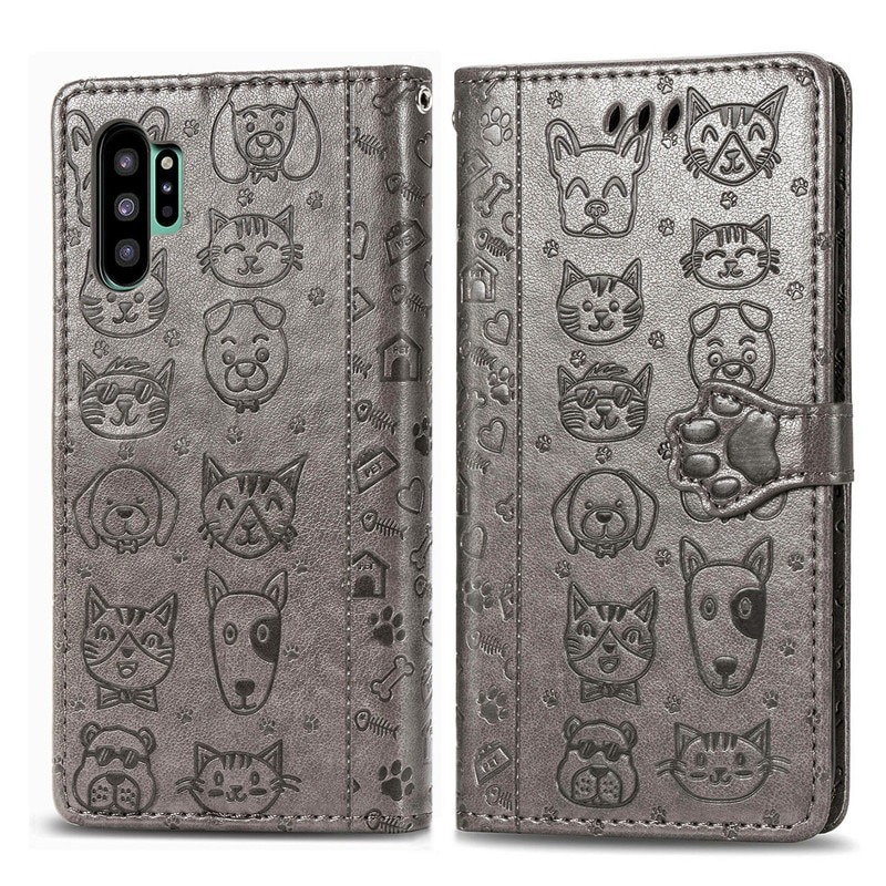 เคส Samsung Galaxy Note 10+ #เคสฝาพับลายการ์ตูนย์แถบปิดแม่เหล็กพับตั้งได้ Cat And Dog Pattern Card Slot Wallet Phone Case