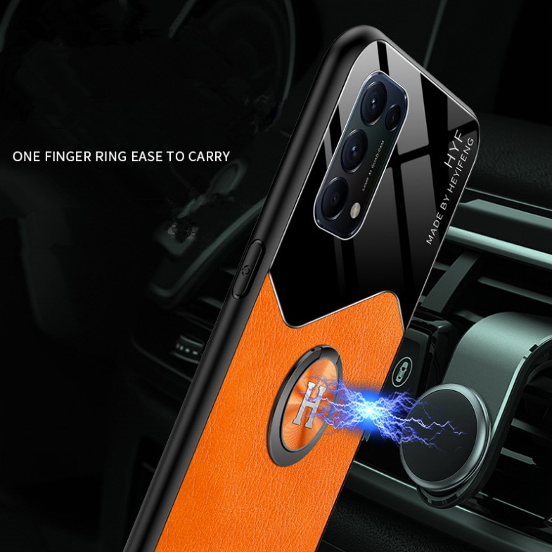 เคส OPPO Reno 5 5G #เคสฝาหลังไฮบริด PU +TPU + glass สีทูโทนมีแหวนสวมนิ้ว Shockproof Leather Mirror Glass Silicone Phone Back Cover
