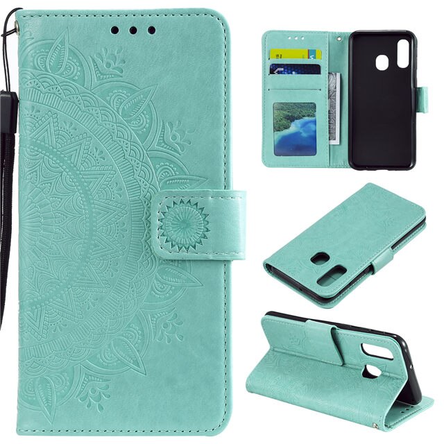 Case Samsung Galaxy A20s #เคสฝาพับหนัง PU ปั้มลาย Imprint Mandala Flower