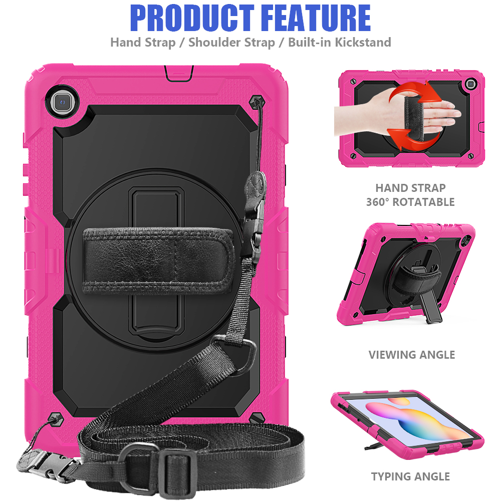 เคส Samsung Galaxy Tab S6 Lite 10.4 SM-P610 P615 P617 #เคสฝาหลังมีสายรัดสวมมือ มีสายคล้องไหล่ 3 Layer Silicon Plastic Stand cover with strap