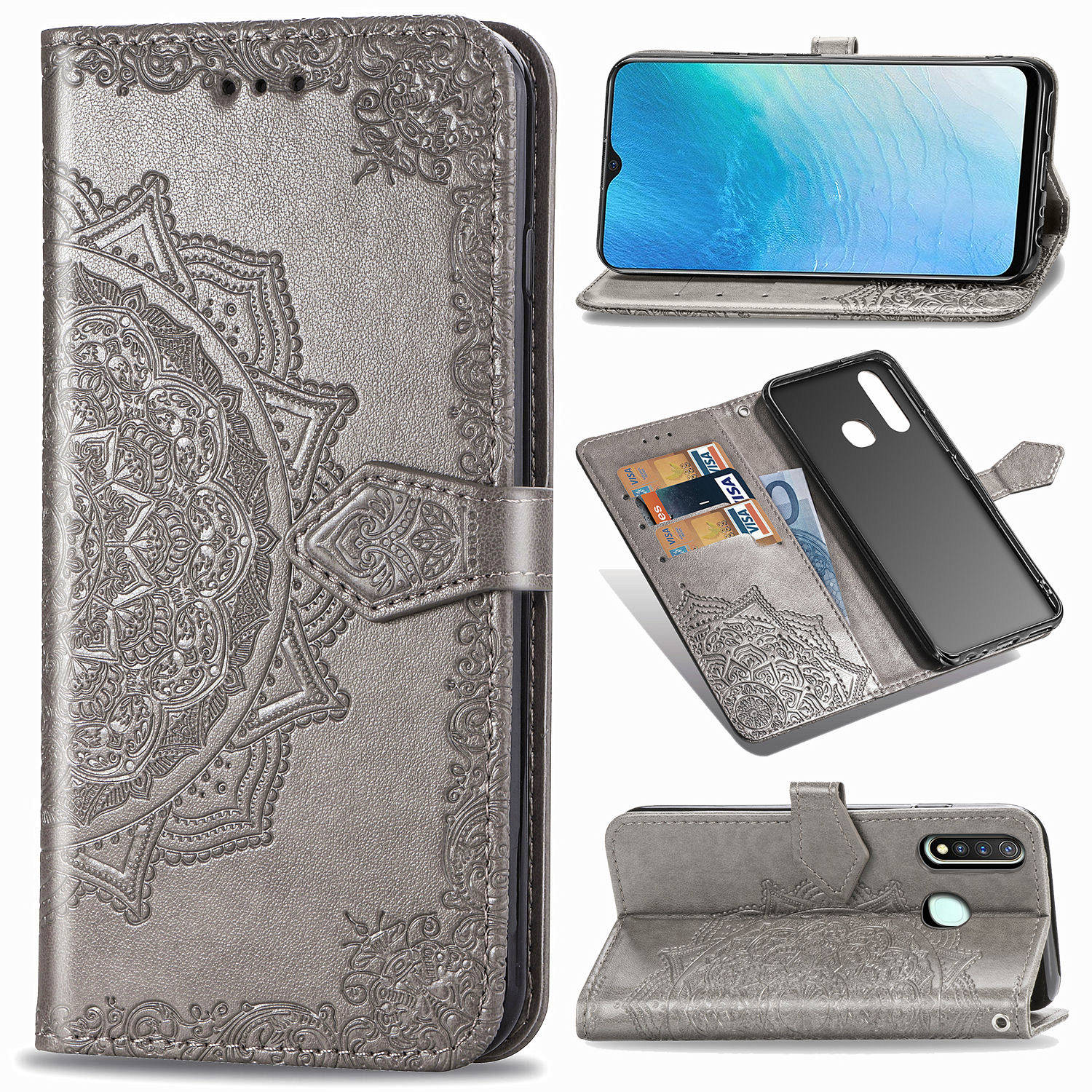 Case Vivo Y19 #เคสฝาพับหนัง PU ผิวลายนูน Embossed Mandala Flower Leather Wallet