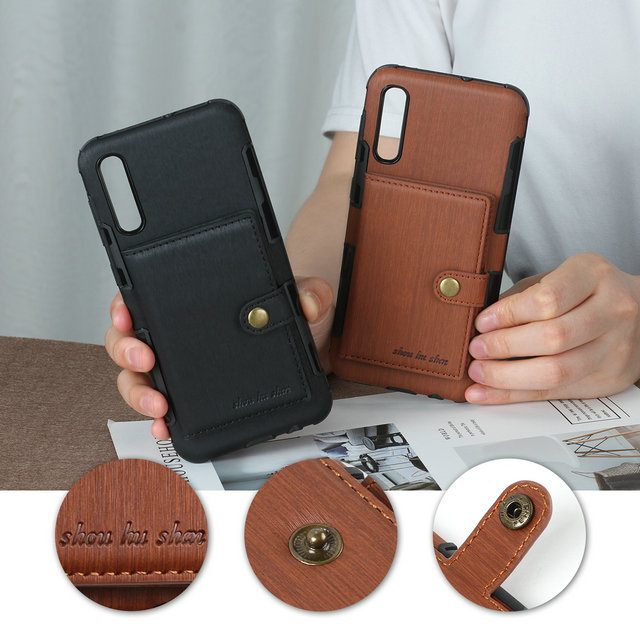 เคส Samsung Galaxy A50 / A50s / A30s #เคสฝาหลังพลาสติกเคลือบหนัง PU มีช่องใส่การ์ดพับได้ Brushed Card Slots PU Leather Coated Hard PC Casing