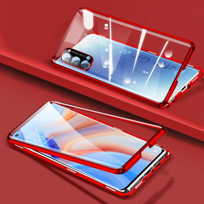 เคส OPPO Reno 5 Pro 5G #เคสกระจกขอบโลหะประกบแม่เหล็กหน้าหลังมีป้องกันเลนส์กล้อง Fully Protection Magnetic Adsorption Glass Metal Phone Protective Built-in Camera Protection