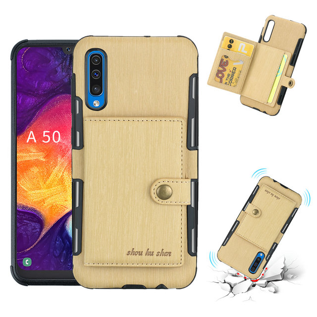 เคส Samsung Galaxy A50 / A50s / A30s #เคสฝาหลังพลาสติกเคลือบหนัง PU มีช่องใส่การ์ดพับได้ Brushed Card Slots PU Leather Coated Hard PC Casing