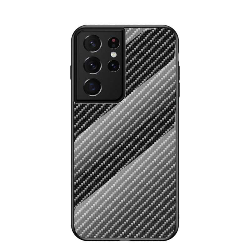 เคส Samsung Galaxy S21 Ultra #เคสฝาหลัง Gradient Color ลายคาร์บอนไฟเบอร์ Carbon fiber texture Glass Hybrid Soft Silicone Cover