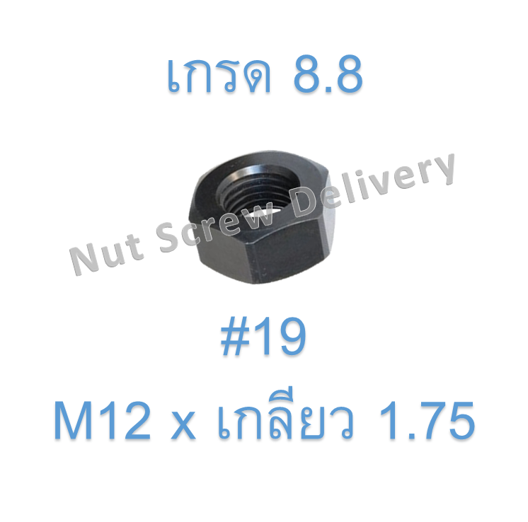 หัวน็อตมิลดำ M12 x เกลียว 1.75 ขอบ #19 หนา 10 มม. เกรด 8.8