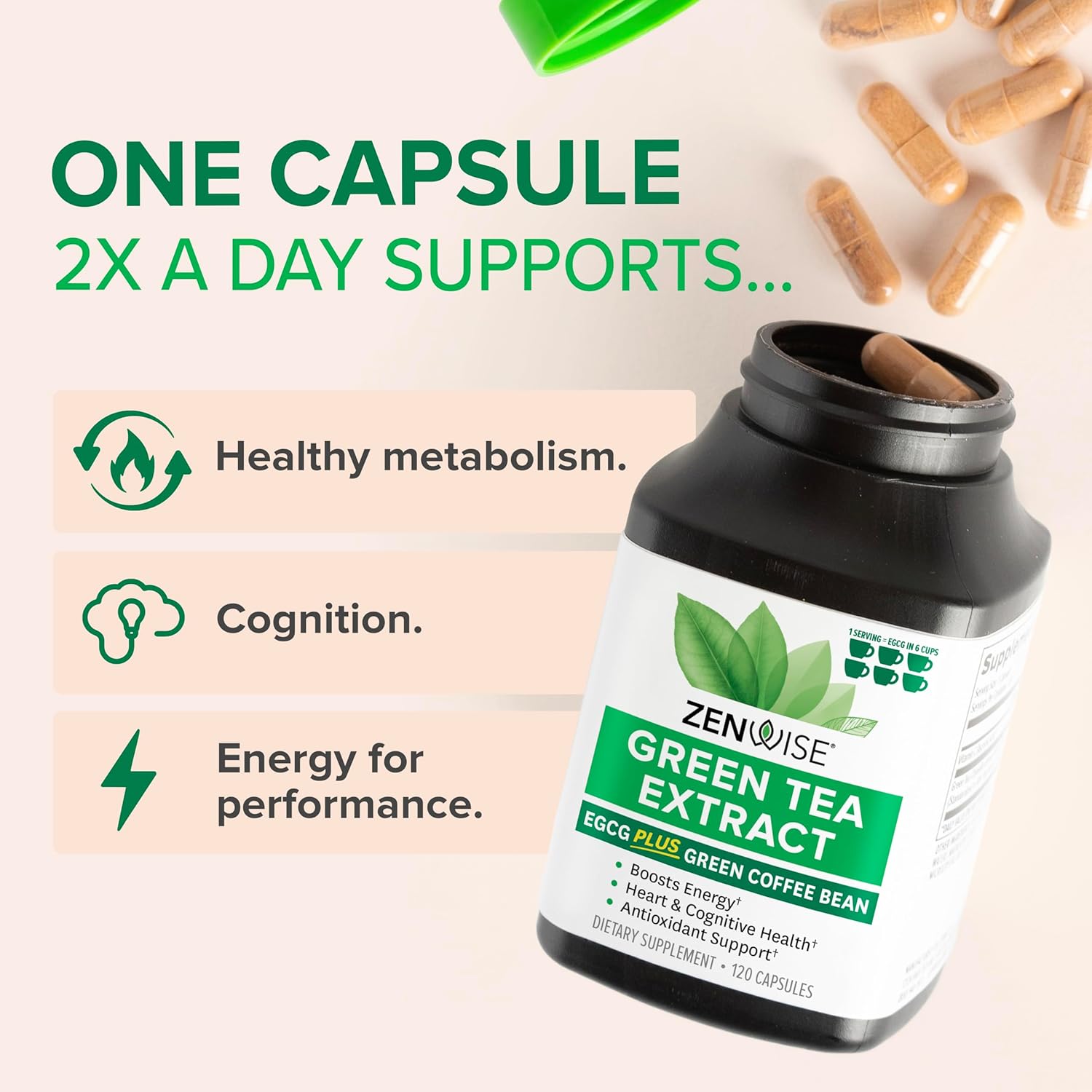 Zenwise Health Green Tea Extract Supplement With EGCG & Vitamin C 120 Capsules สารสกัดชาเขียว