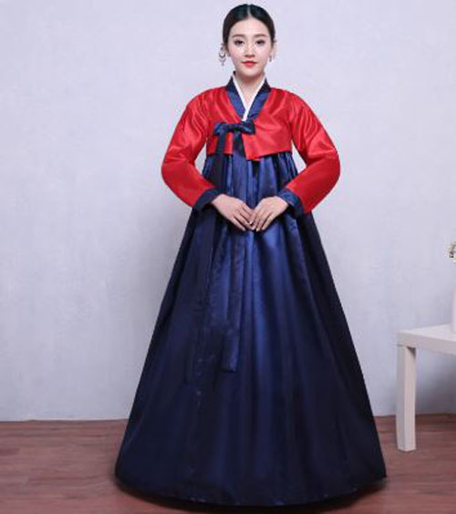 ชุดฮันบกเกาหลี ชุดประจำชาติเกาหลี (ชุดฮันบกสตรีเกาหลีสีแดงน้ำเงิน) 한국 전통 여성 궁궐 한복 한국 민족 의상 Korean Traditional Women's Palace Hanbok Korean National Dress (Red & Blue Colors)