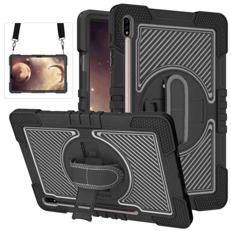 เคส Samsung Galaxy Tab S7 FE 12.4"(T730,T736) #เคสมีสายรัดสวมมือ มีสายคล้องไหล่ 3 Layer Silicon Plastic Stand cover with strap