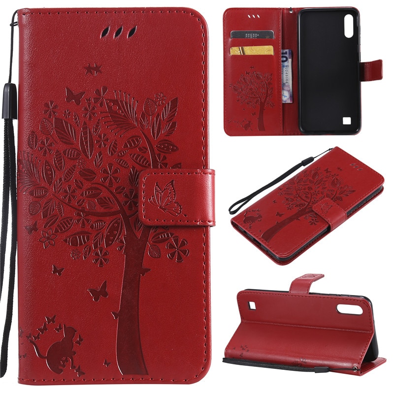 Case Samsung Galaxy A10 #เคสฝาพับหนัง PU พิมพ์ลาย Imprint Cat and Tree Pattern Leather Protection Cover