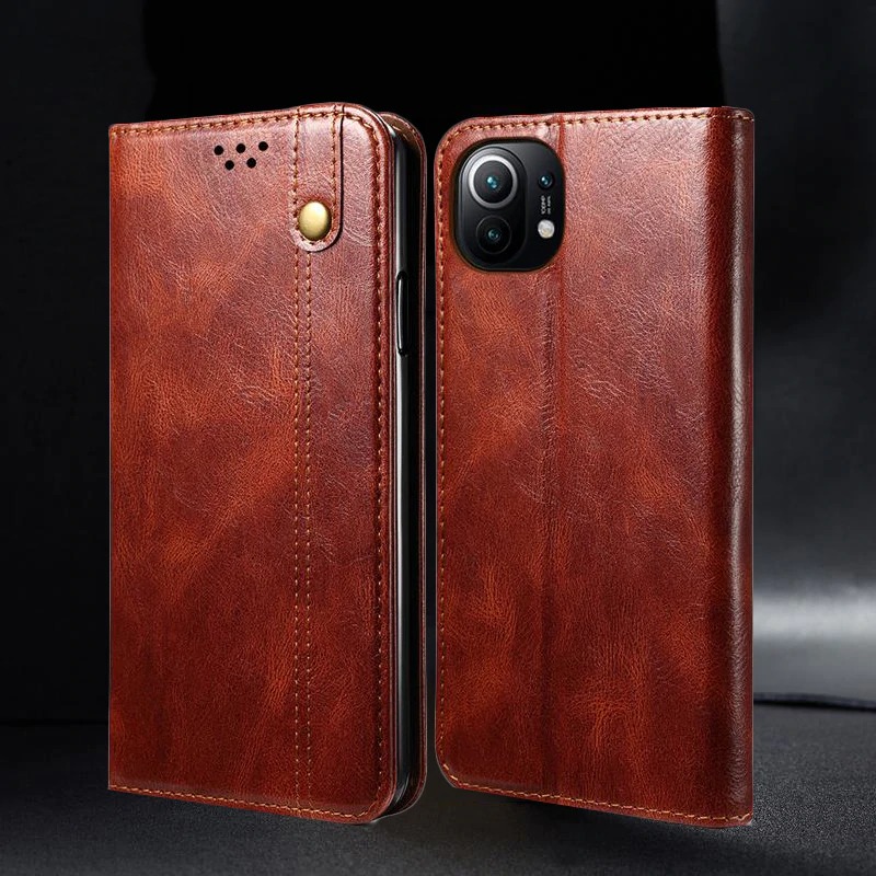 เคส Xiaomi Mi 11 #เคสฝาพับหนัง PU ผิวหนังม้า Waxy Crazy Horse Texture TPU + PU Leather Case Cover