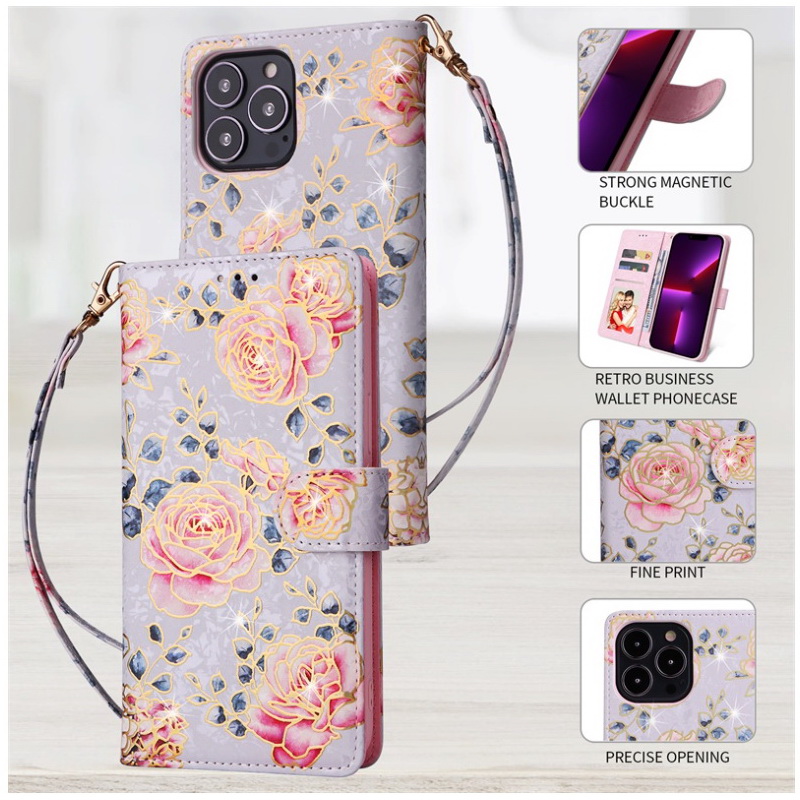 เคส iphone 15 #เคสฝาพับหนัง PU ลายดอกไม้สวยๆ มีช่องใส่บัตร