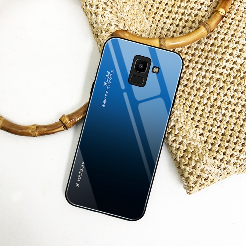 Case Samsung Galaxy A8+ (2018) #เคสฝาหลัง กระจกสีไล่โทนสี Glass + PC + TPU Hybrid Case