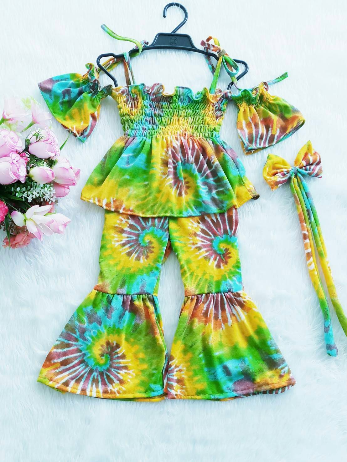 ชุดเด็กหญิง setเสื้อกับกางเกงขายาวผ้ามัดย้อม