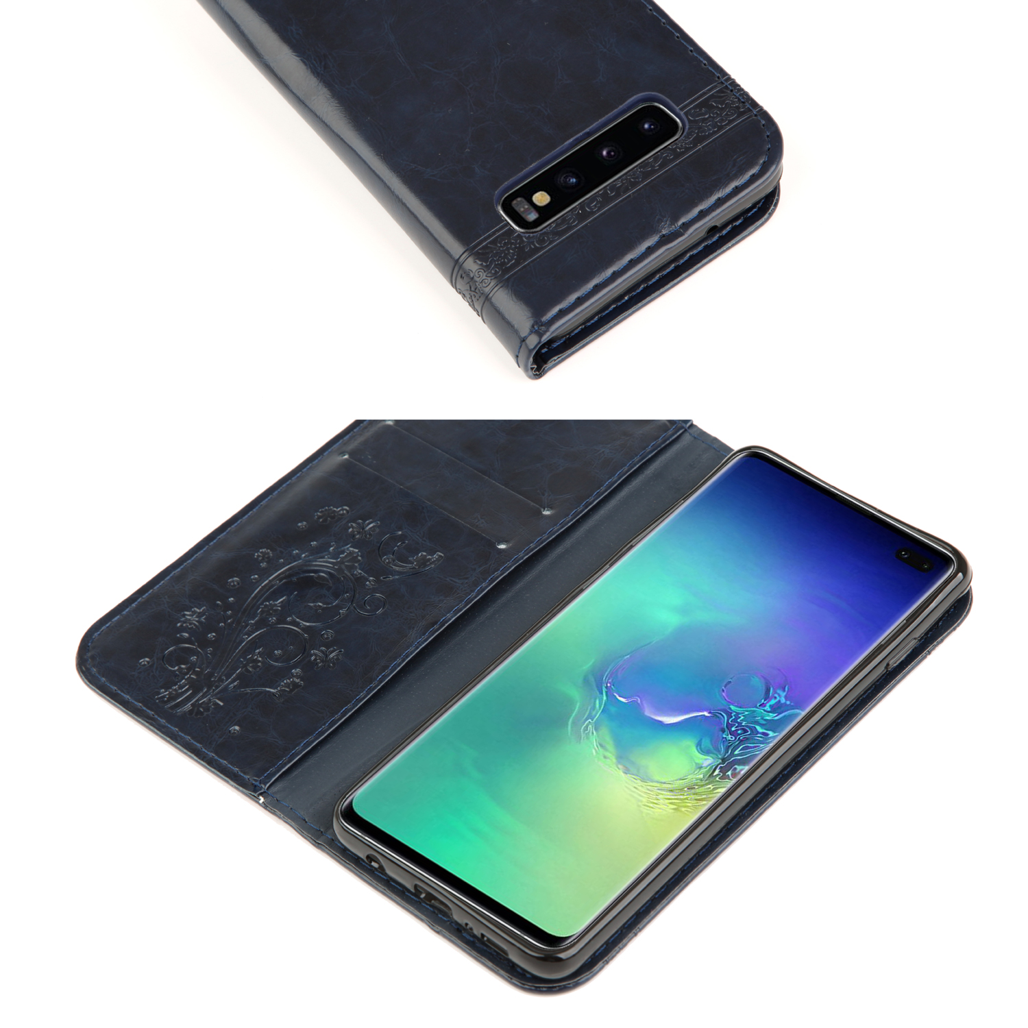 Case Samsung Galaxy S10 Plus #เคสฝาพับปั้มลายหัวใจ Imprint Heart PU Leather Stand Wallet Case