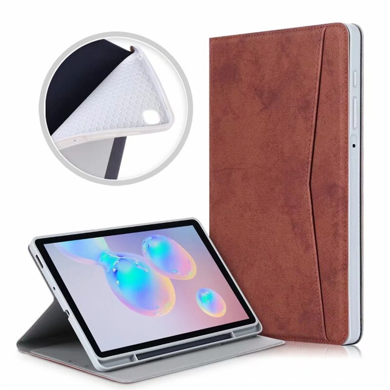 Case Samsung Galaxy Tab S6 Lite 10.4 SM-P610 P615 P617 #เคสฝาพับหนัง PU ลายผิวผ้ามีช่องใส่ปากกา with Pencil Holder Stand Business Card Slot Cover