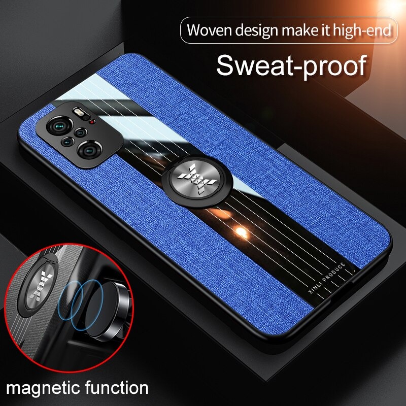 เคส Redmi Note 10S #เคสฝาหลังเคลือบผ้าเนื้อมีแหวนสวมนิ้ว TPU ไฮบริด+อะคริลิ + แหวนโลหะ Fashion Woven Cloth Casing Finger Ring Holder Back Case