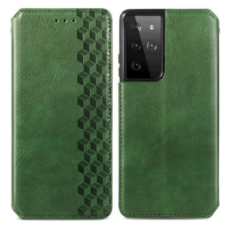 เคส Samsung Galaxy S21 Ultra #เคสฝาพับแบบกระเป๋าสตางค์ Magnetic Flip Wallet Bracket Leather Lattice TPU Phone Case