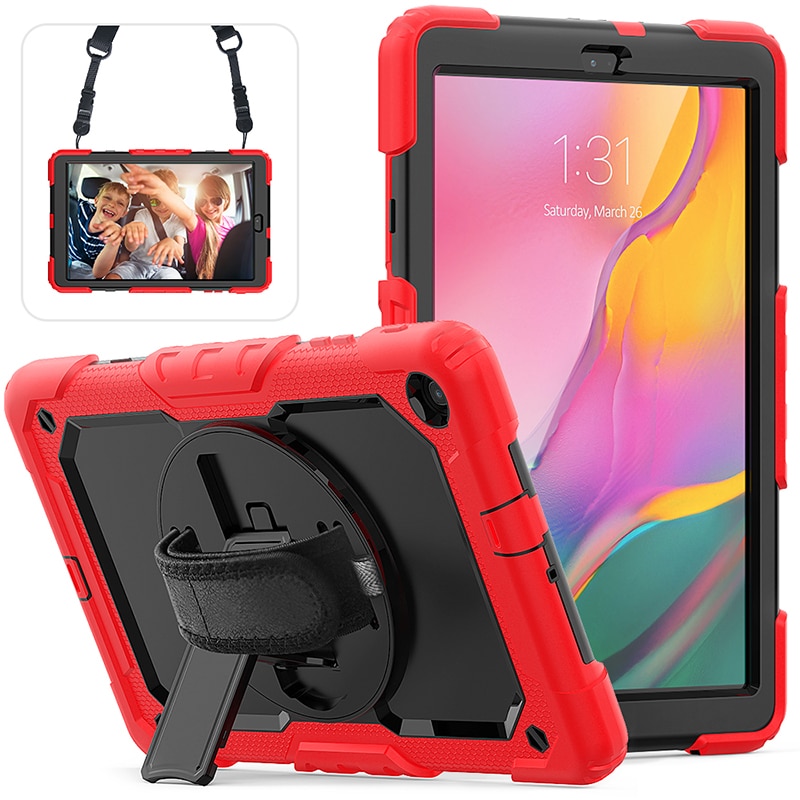 เคส Samsung Galaxy Tab A 10.1 (2019) SM-T510 T515 #เคสฝาหลังมีสายรัดสวมมือ มีสายคล้องไหล่ PC Silicone Kickstand Case with Strap Screen Protector