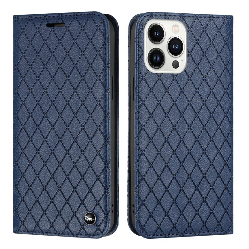 Case iPhone 13 Pro Max #เคสฝาพับหนัง Pu นิ่ม ฝาพับแม่เหล็ก ลายสี่เหลี่ยมข้าวหลามตัด พร้อมช่องใส่บัตร