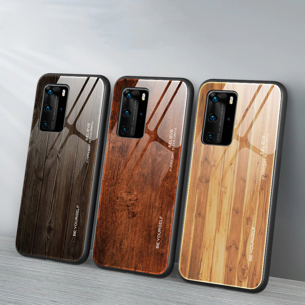 Case Huawei P40 #เคสฝาหลังกระจกลายผิวไม้ Case Hard Tempered glass Wood grain protect Back Cover