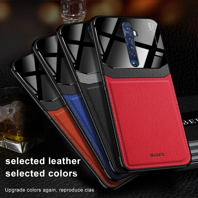 เคส Oppo Reno 2 #เคสฝาหลังไฮบริด PU +TPU + glass สีทูโทน Shockproof Leather Mirror Glass Silicone Phone Back Cover
