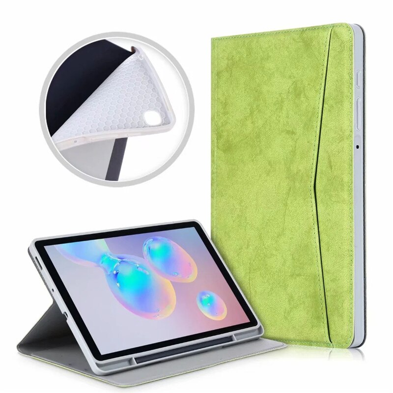 Case Samsung Galaxy Tab S6 Lite 10.4 SM-P610 P615 P617 #เคสฝาพับหนัง PU ลายผิวผ้ามีช่องใส่ปากกา with Pencil Holder Stand Business Card Slot Cover