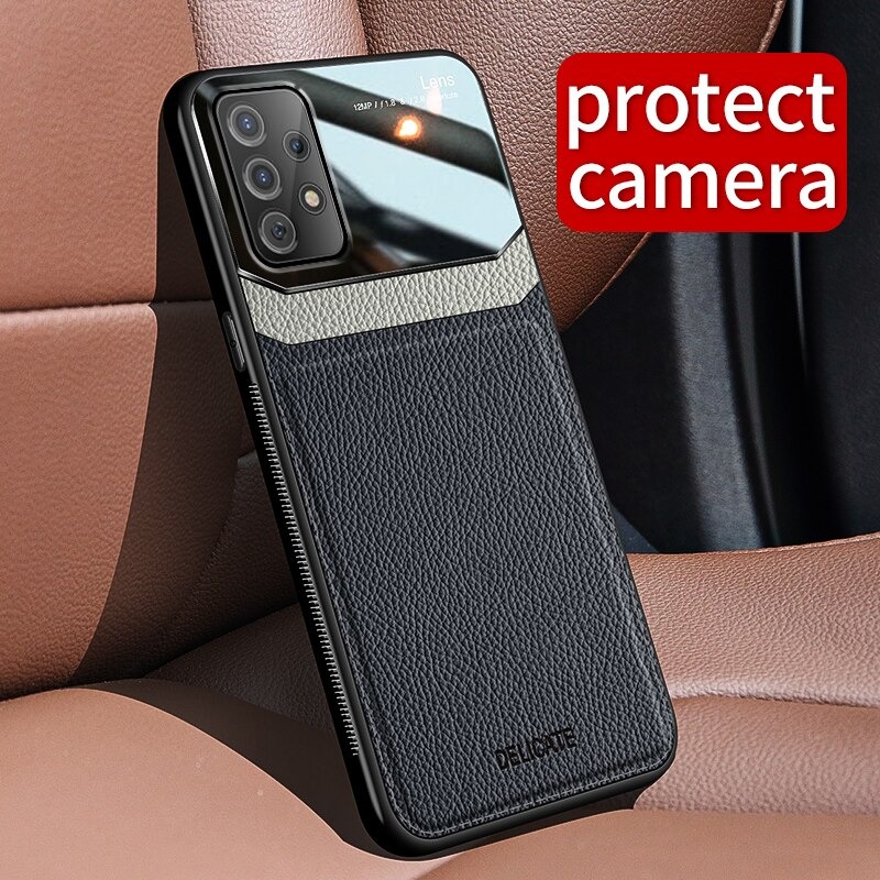 เคส Samsung Galaxy A53 5G #เคสฝาหลังไฮบริด PU +TPU + glass สีทูโทน Shockproof Leather Mirror Glass Silicone Phone Back Cover