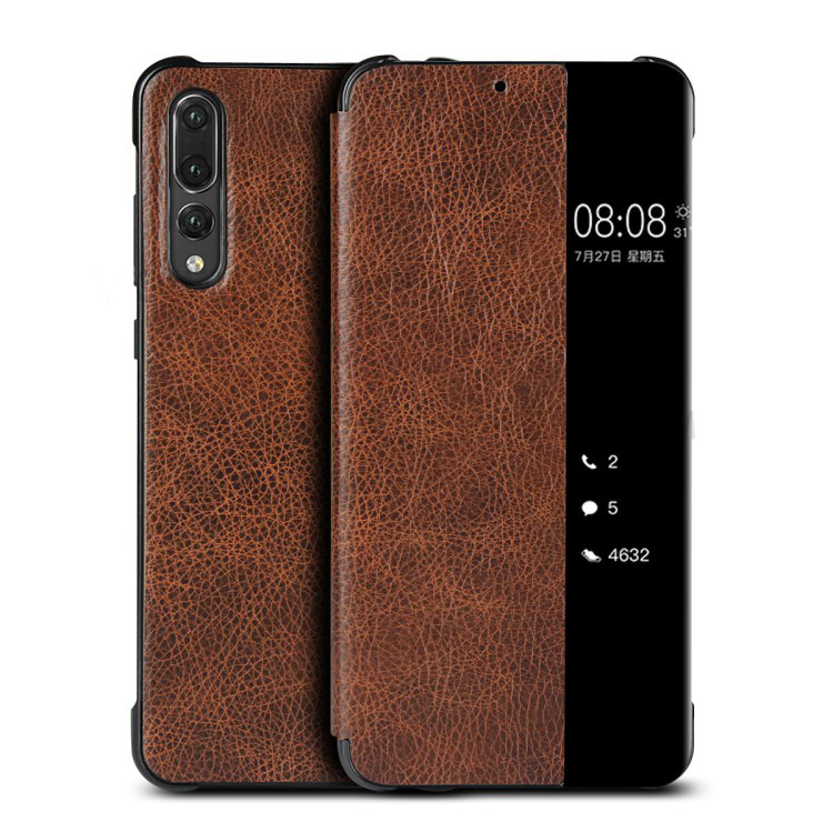 Case Huawei P20 Pro #เคสฝาพับแบบสมาร์ทมีช่องวิวแนวยาวด้านข้าง Smart View Window Cowhide Leather เคสคุณภาพดีราคาถูก
