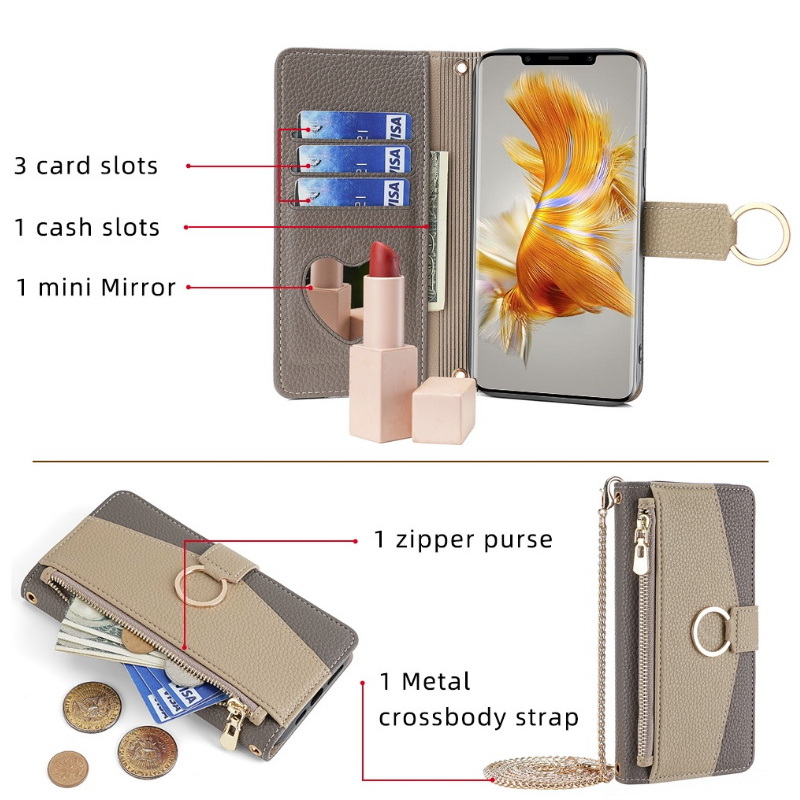 Case OPPO A15#เคสฝาพับหนัง PU สีทูโทนมีกระจกเงาด้านใน แบบกระเป๋าสตางค์ Zipper Wallet Leather Flip Case