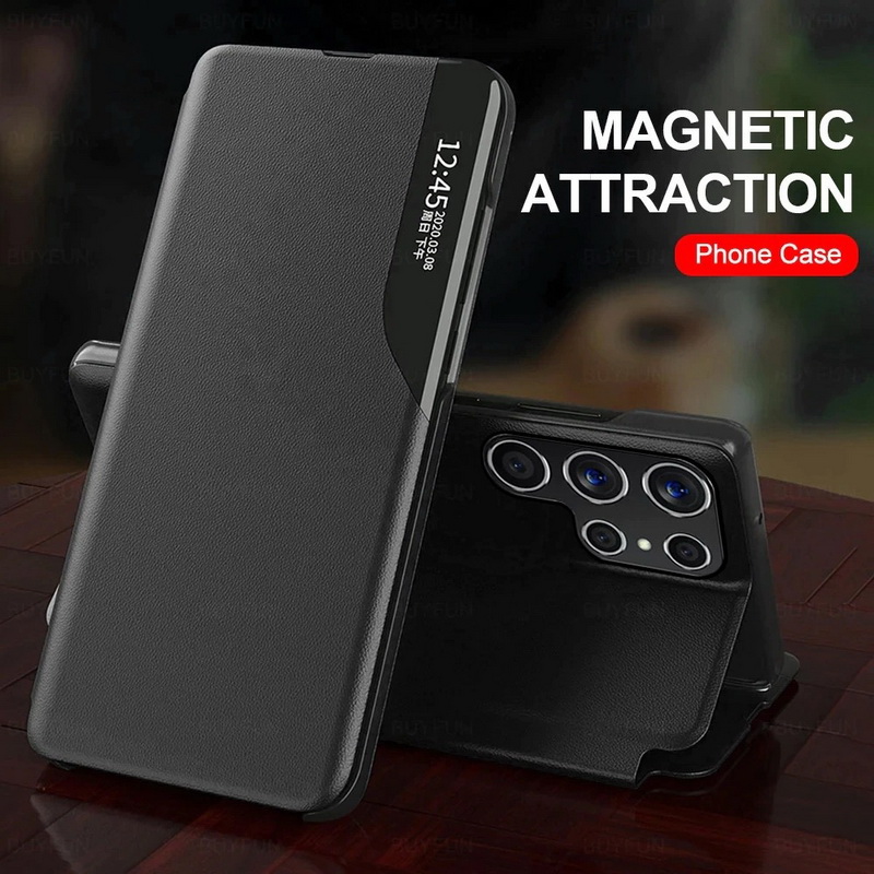 เคส Samsung Galaxy S23 Ultra 5G#เคสฝาพับเคลือบผิวหนัง PU มีช่องวิวด้านข้างพับวางตั้งได้ Smart Flip kickstand leather Cover