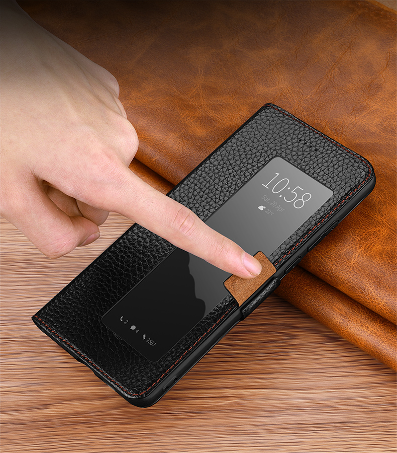 Case Huawei P30 Pro #เคสฝาพับหนังแท้ผิวลิ้นจี่มีช่องวิวแนวยาวด้านข้าง Smart View Window Litchi Texture Genuine Leather