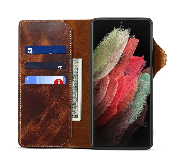 Case Samsung Galaxy S21 #เคสฝาพับหนังแท้พร้อมสายคล้อง Genuine Wallet Leather Phone Cover with Lanyard