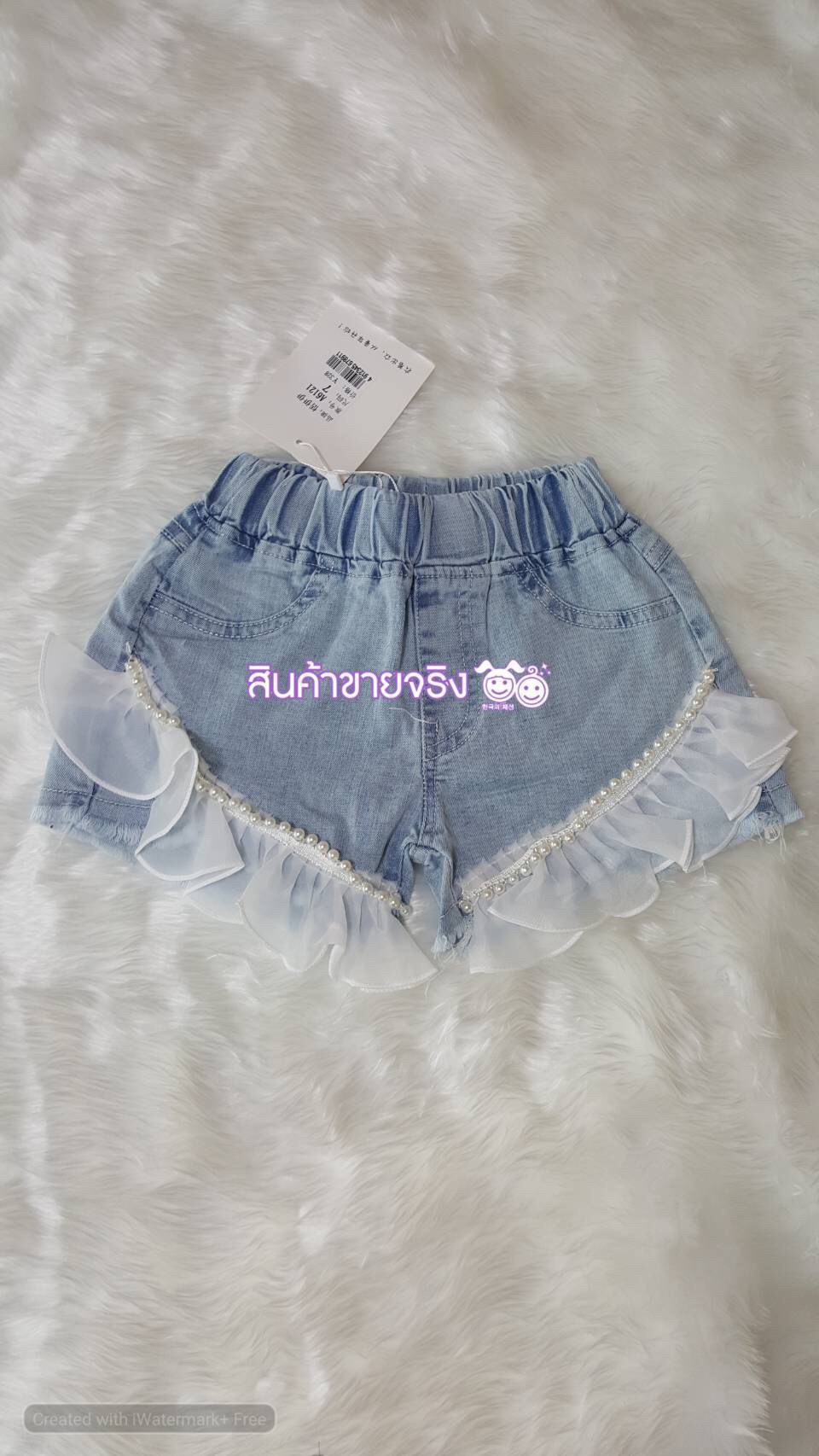 กางเกงเด็กหญิง ยีนส์ระบายประดับมุก