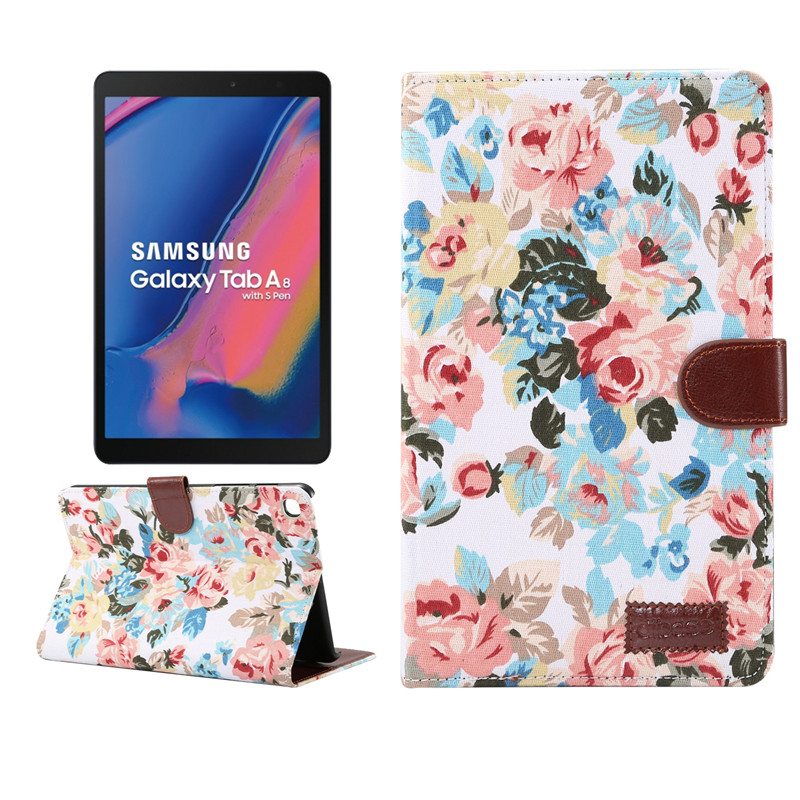 Case Samsung Galaxy Tab A 8 (2019) with S Pen P200 P205 #เคสฝาพับแบบกระเป๋าสตางค์หนัง PU ผิวผ้าลายดอกไม้ Flower Cloth Skin PU Leather Wallet