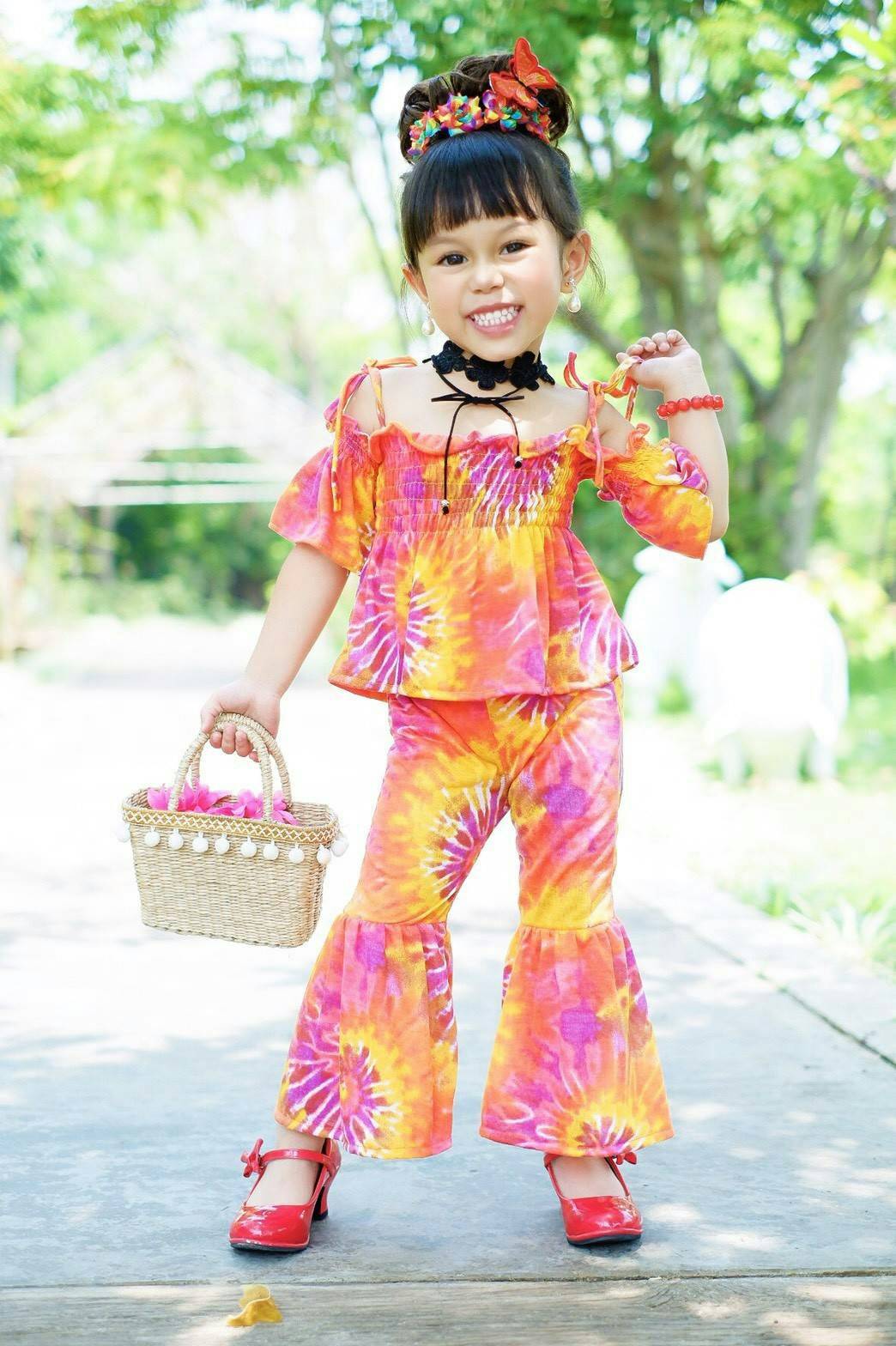 ชุดเด็กหญิง setเสื้อกับกางเกงขายาวผ้ามัดย้อม
