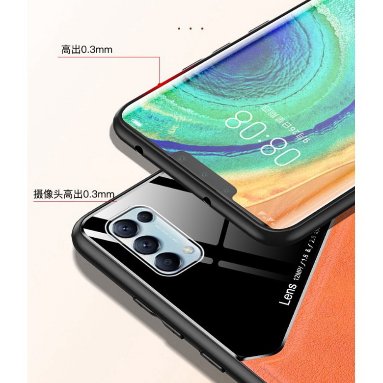 เคส OPPO Reno 5 Pro 5G#เคสฝาหลังไฮบริด PU +TPU + glass สีทูโทน Shockproof Leather Mirror Glass Silicone Phone Back Cover