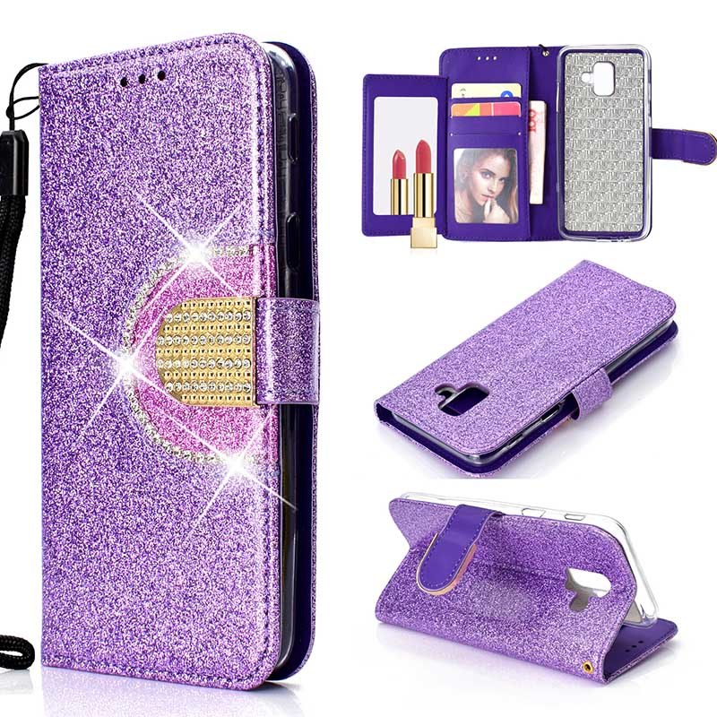 Case Samsung Galaxy A6 (2018) #เคสฝาพับแบบกระเป๋าสตางค์ Glitter Powder ตกแต่ง Rhinestone มีกระจก
