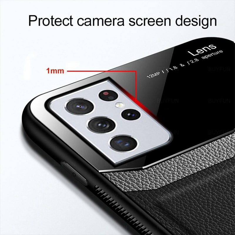 เคส Samsung Galaxy S21 Ultra 5G #เคสฝาหลังไฮบริด PU +TPU + glass สีทูโทน Shockproof Leather Mirror Glass Silicone Phone Back Cover