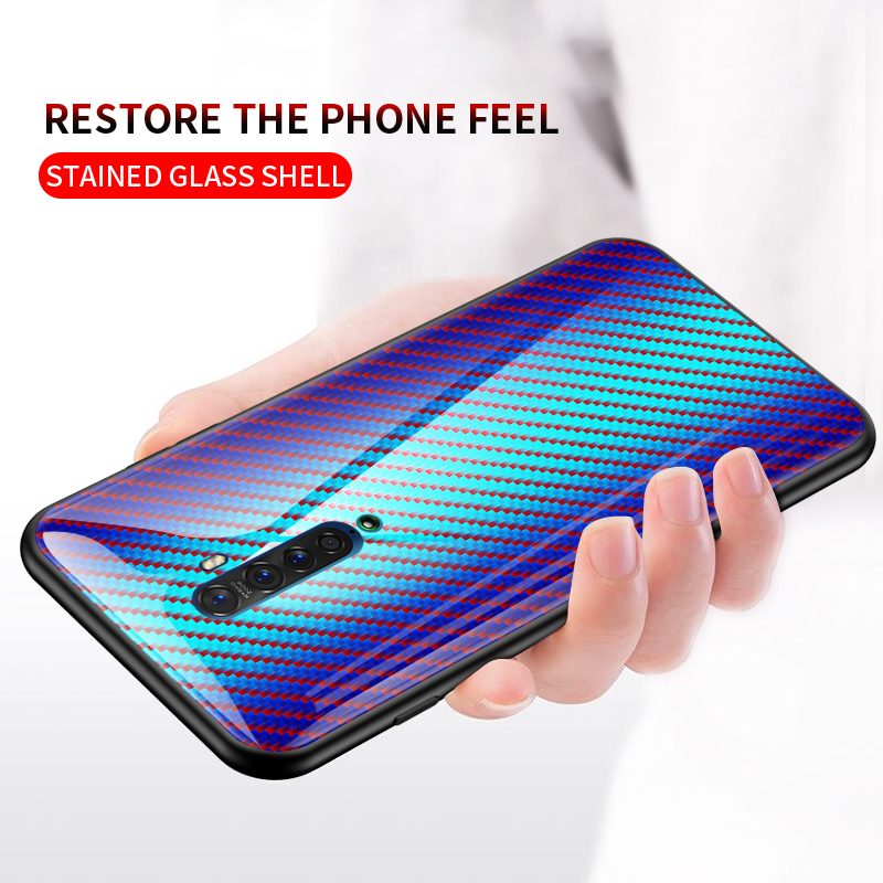 เคส OPPO Reno 2 #เคสฝาหลัง Gradient Color ลายคาร์บอนไฟเบอร์ Carbon fiber texture Glass Hybrid Soft Silicone Cover