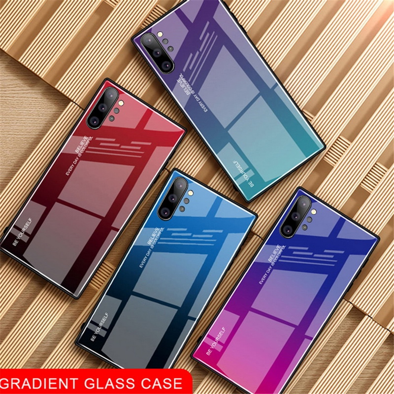 เคส Samsung Galaxy Note 10+ #เคสฝาหลัง กระจกสีไล่โทนสี Glass + PC + TPU Hybrid Case