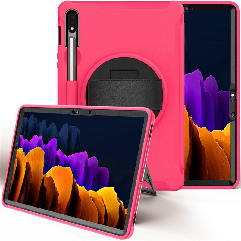 เคส Samsung Galaxy Tab S7 SM-T870 SM-T875 #เคสฝาหลังพลาสติกมีขาตั้งหมุนได้ 360° Swivel Kickstand PC + TPU Tablet Combo Shell with Hand Strap มีสายรัดมือ